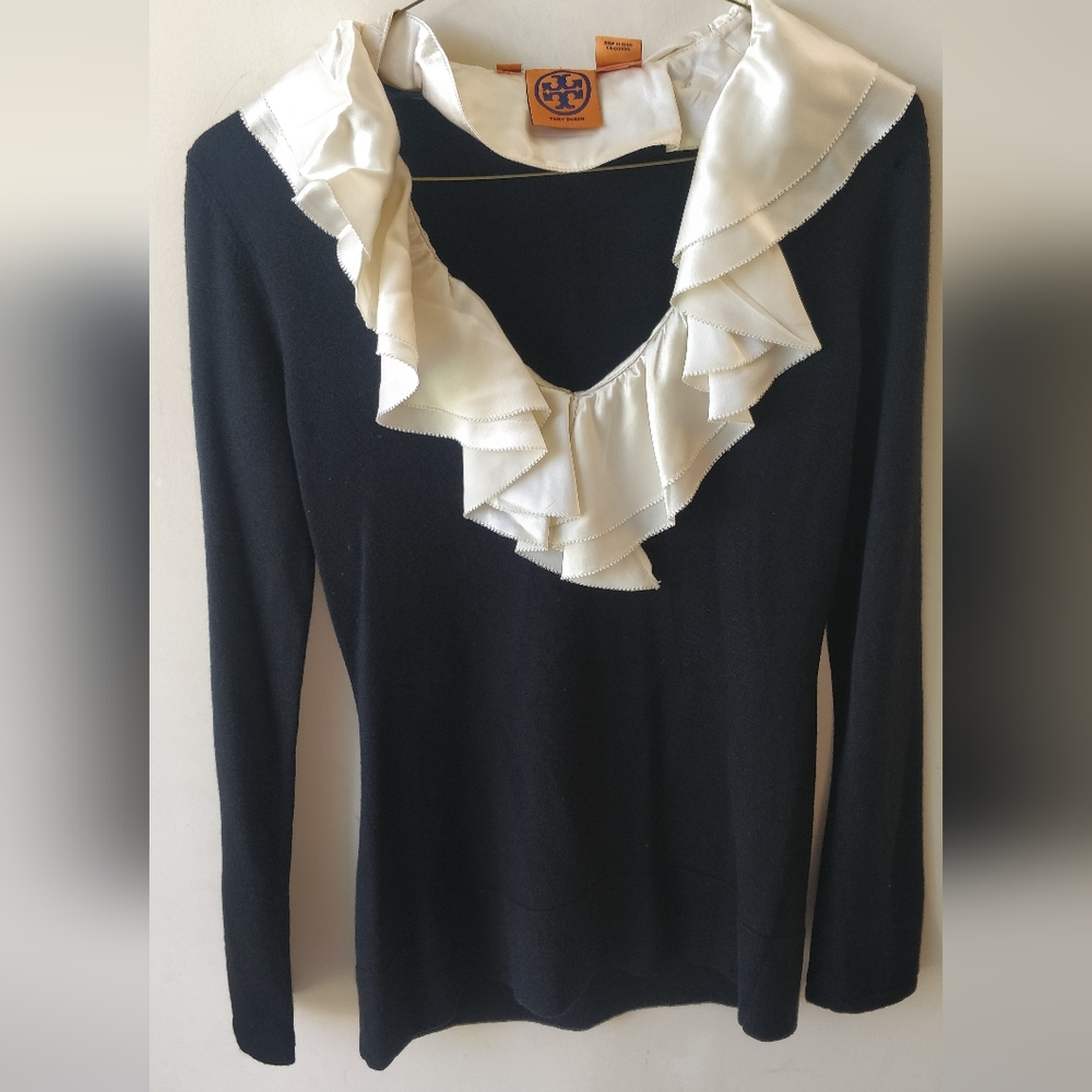 Tory Burch Ruffle Deep V Neck Long Sleeve Sweater